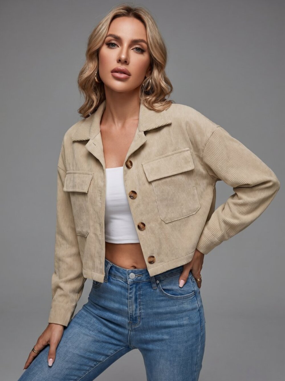 Women Beige Corduroy Cropped Jacket Button Up Casual Shacket Coat Trendy